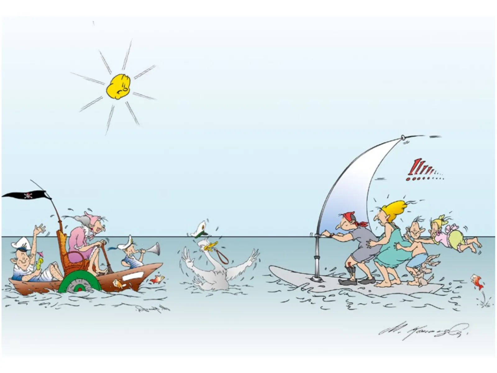Zeichnung: Verschiedene Menschen auf Wassersportger&auml;ten rasen aufeinander zu, von links auf einem Tretboot, von rechts auf einem Windsurfbrett. In der Mitte ist eine Ente mit Schirmm&uuml;tze und Trillerpfeife, der Wasservogel versucht, die Menschen mit ausgestreckten Fl&uuml;geln zu stoppen.