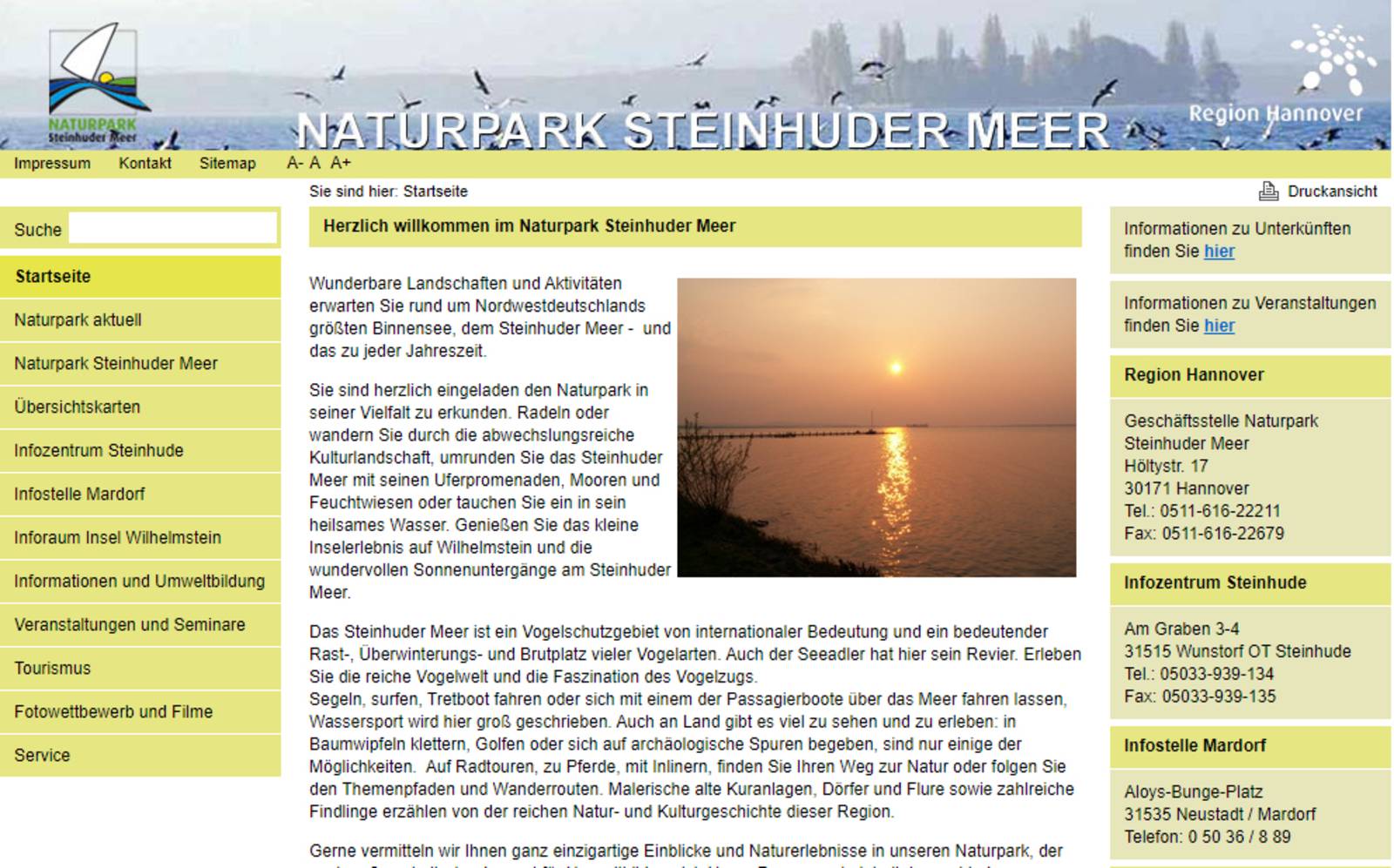 Screenshot: www.naturpark-steinhuder-meer.de im Jahr 2011