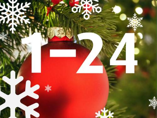 Über das Foto einer Christbaumkugel am Weihnachtsbaum sind grafisch Schneeflocken und die Zahlen 1 bis 24 darüber gelegt.