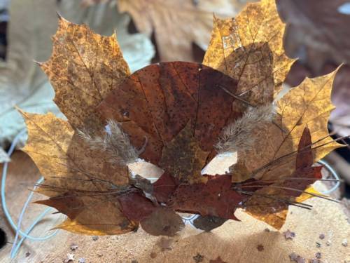 Faschingsmaske aus Laubbaumblättern und anderen Naturmaterialien.