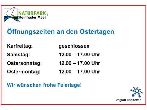 So öffnet das Naturpark-Haus Mardorf an Ostern 2026: Karfreitag: geschlossen | Samstag: geöffnet von 12 bis 17 Uhr | Ostersonntag: geöffnet von 12 bis 17 Uhr | Ostermontag 2026: geöffnet von 12 bis 17 Uhr.
