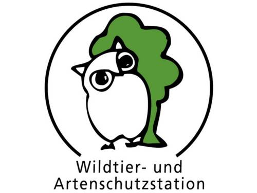 Logo: Eine mit wenigen Strichen gezeichnete Eule steht vor einem gezeichneten Baum. Ein nach unten offener Kreisbogen umschließt die Zeichnungen. In der Öffnung unten steht: "Wildtier- und Artenschutzstation".