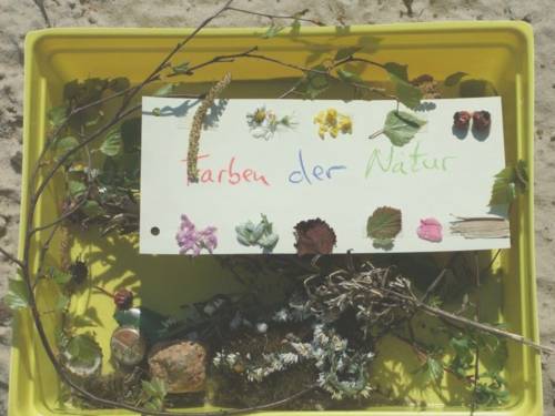 In einer gelben Kiste liegen Naturmaterialien, zwei Kronkorken und ein Schild mit den Worten "Farben der Natur".