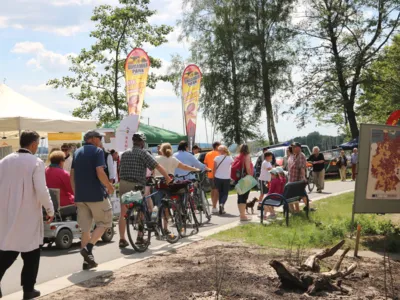 Menschen gehen eine Stra&szlig;e entlang und schauen auf die Ausstellenden am Weg, einige schieben dabei Fahrr&auml;der.