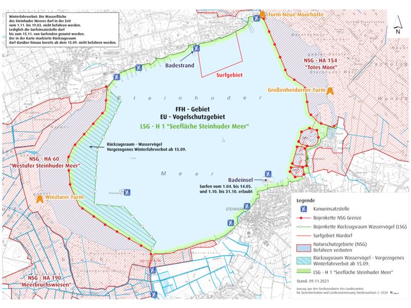 Karte des Steinhuder Meeres mit Zonen, die Wassersportlerinnen und Wassersportler nicht befahren dürfen.