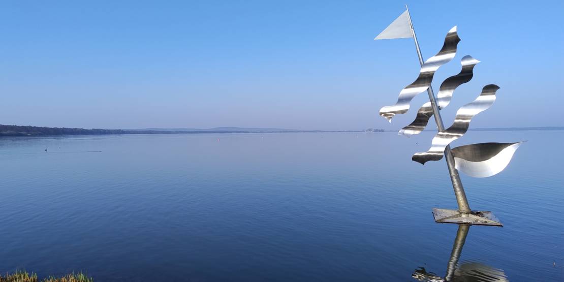 Blick an Kunst vorbei auf das Steinhuder Meer und das gegenüberliegende Ufer.