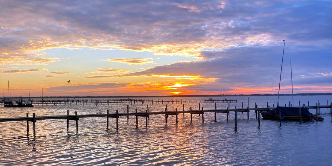 Blick über das Steinhuder Meer und Stege mit Booten. Der Himmel ist in verschiedene Farben der aufgehenden Sonne getaucht.