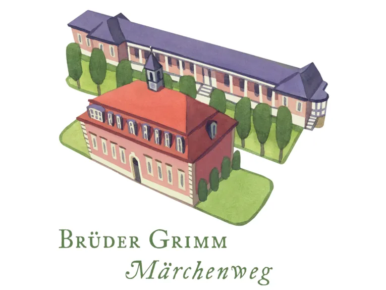 Logo: Gezeichnete historische Gebäude und Bäume. Darunter der Text: "Brüder Grimm Märchenweg"