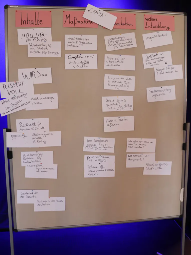 Auf Moderationsk&auml;rtchen stehen die Ergebnisse eines Workshops. Die K&auml;rtchen sind an eine Metaplanwand gepinnt.