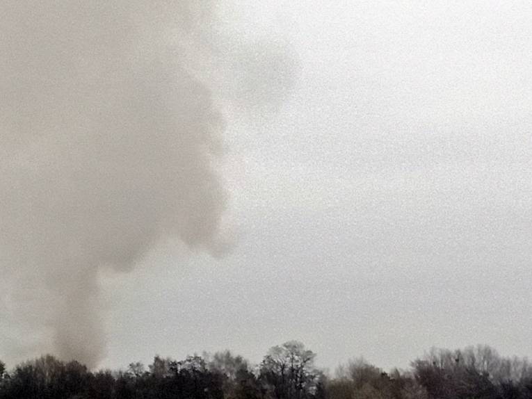 Rauch steigt über Bäumen auf.