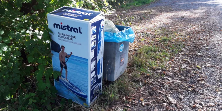 Neben einem vollen Abfallbeh&auml;lter steht ein gro&szlig;er, leerer Produkt-Karton.