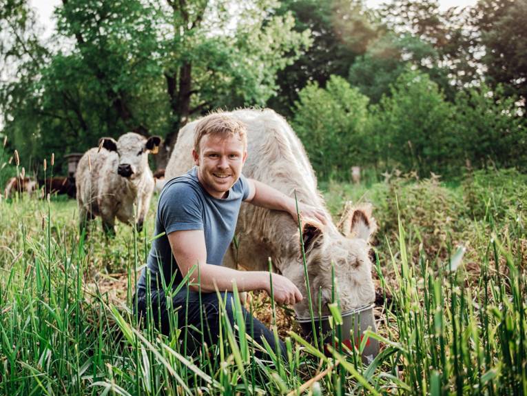 Ein Mann füttert ein Galloway aus einem Eimer, kniet dabei neben dem Tier und schaut in die Kamera.