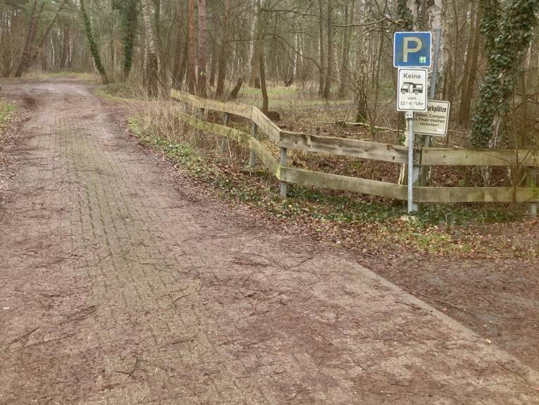 Blick auf Wege zu Parkflächen in einem Gebiet mit Baumbestand.
