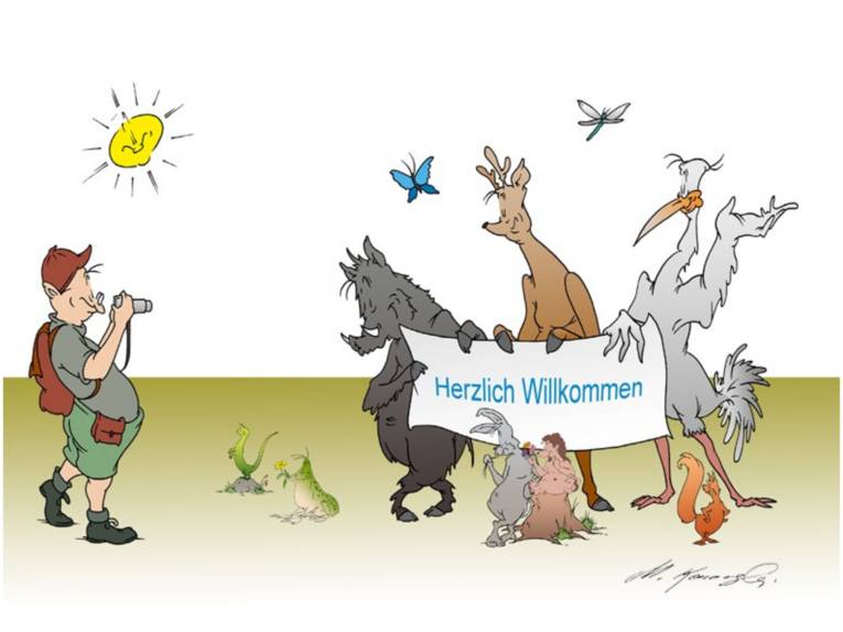 Zeichnung: Ein Mensch in Wanderkleidung fotografiert Tiere. Die Tiere haben sich zu einer Gruppe aufgestellt und halten gemeinsam ein Willkommens-Banner.