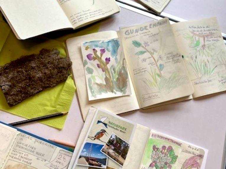 Verschiedene Naturtagebücher liegen auf einem Tisch