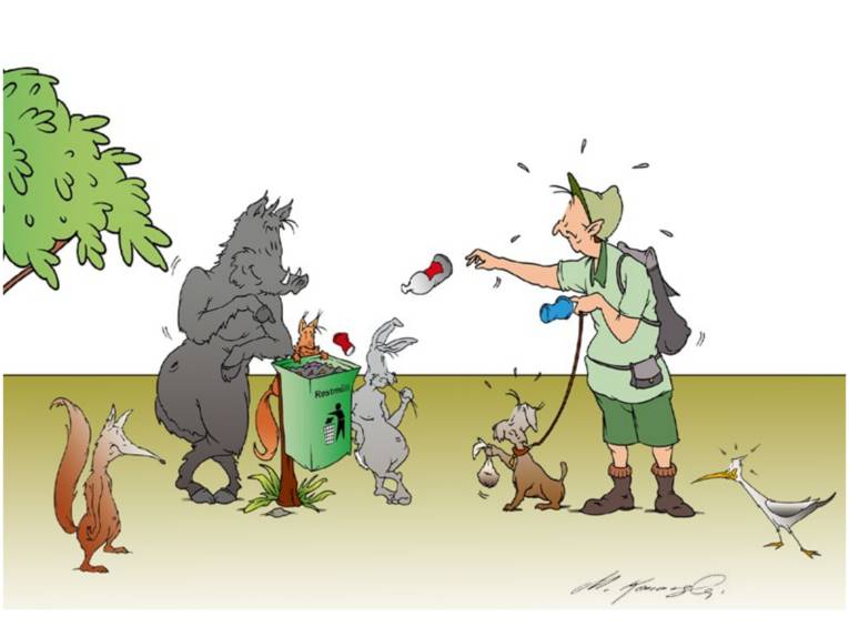 Zeichnung: Ein Mensch und Tiere werfen Abfälle in eine Tonne.