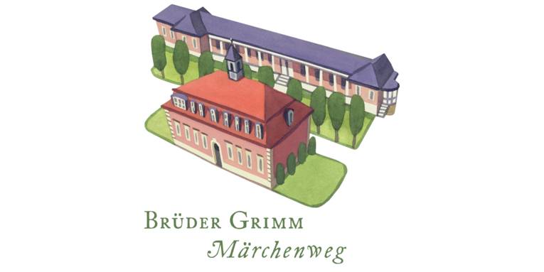 Logo: Gezeichnete historische Gebäude und Bäume. Darunter der Text: "Brüder Grimm Märchenweg"