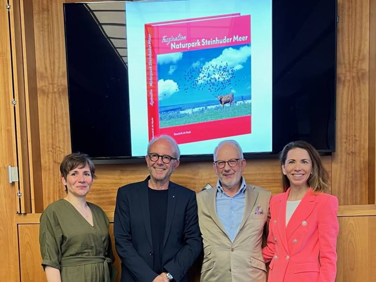 Vier Personen vor dem Bild eines per Beamer an die Wand geworfenen Buchtitels