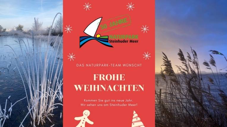 Karte mit Weihnachtsgrüßen: Das Naturpark-Team wünscht frohe Weihnachten. Kommen Sie gut ins neue Jahr. Wir sehen uns am Steinhuder Meer!