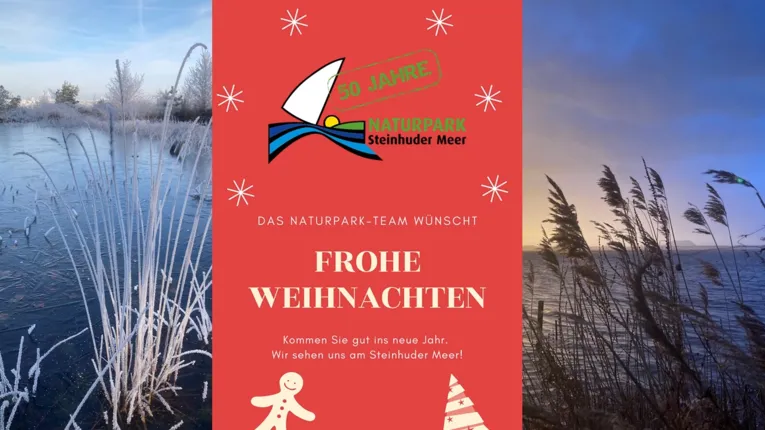 Karte mit Weihnachtsgr&uuml;&szlig;en: Das Naturpark-Team w&uuml;nscht frohe Weihnachten. Kommen Sie gut ins neue Jahr. Wir sehen uns am Steinhuder Meer!