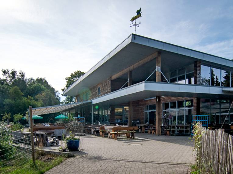 Gebäude mit sichtbarem Holz und Glas und flachem Dach umgeben von Heidelbeersträuchern.