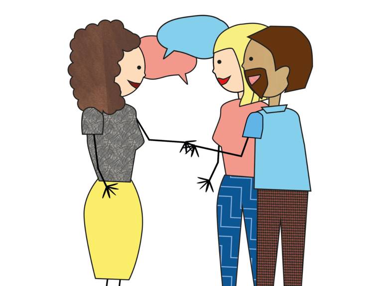 Zeichnung: Eine Frau reicht einem Elternpaar die Hand, Sprechblasen verdeutlichen, dass die Personen miteinander sprechen.
