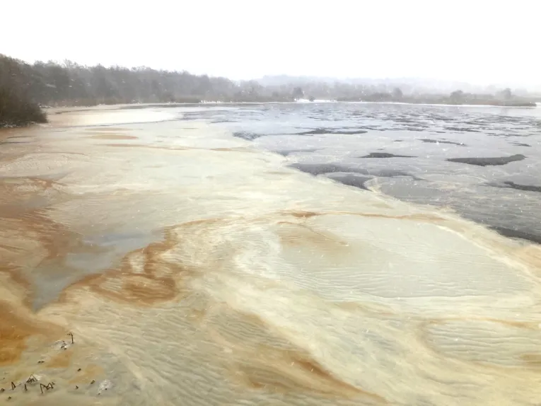 Am Ufer des Steinhuder Meeres hat sich Schnee auf dem Wasser niedergelegt.