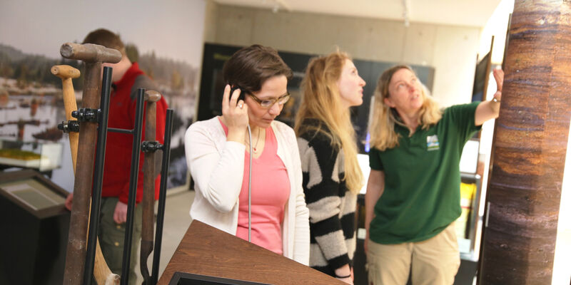 Drei Frauen und ein Mann schauen sich die Ausstellung im Naturparkhaus am Steinhuder Meer an. Drei Frauen und ein Mann schauen sich die Ausstellung im Naturparkhaus am Steinhuder Meer an.