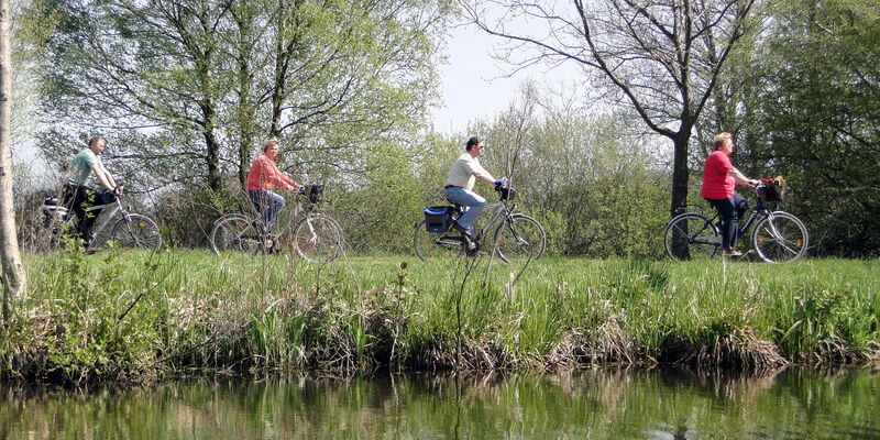 Radfahrende in grüner Landschaft, parallel zu einem Gewässer. Radfahrende in grüner Landschaft, parallel zu einem Gewässer.